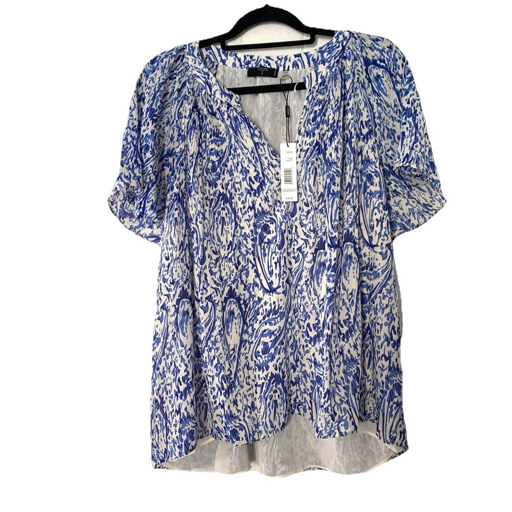 Tahari Womens 1X Shirt Blouse Flowy Flutter Sleeves Blue White Floral NEW‎